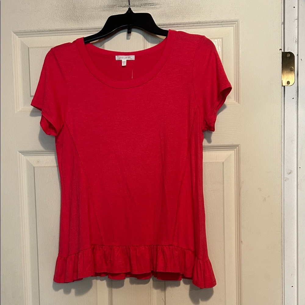 Ava James Pink Short Sleeve Scoop Neck Ruffle Hem Top Size Small